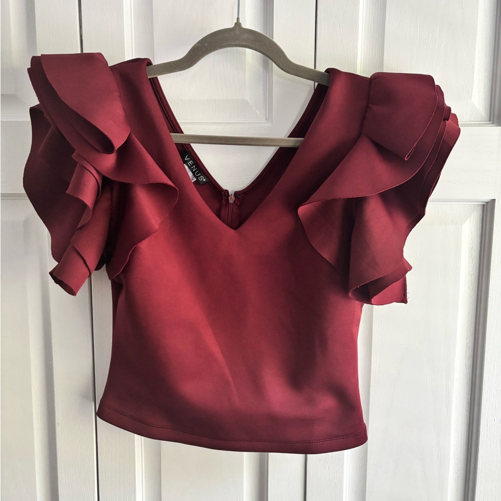 Venus Burgundy Ruffle Sleeve Cropped Top - Size M